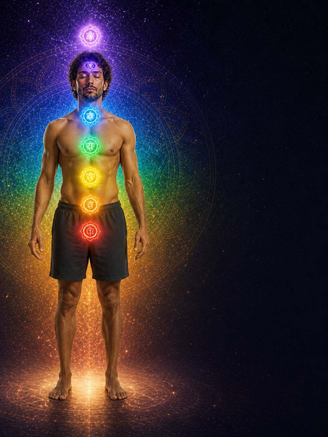 Mulher de perfil com centros energéticos luminosos em fundo tecnológico