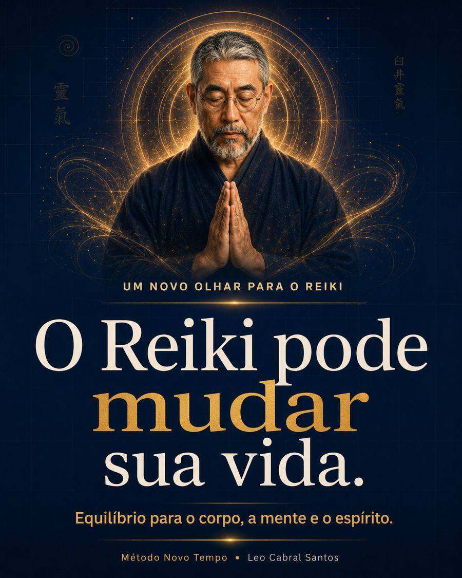 Composição em azul e dourado com mestre de Reiki em postura meditativa e a mensagem O Reiki pode mudar sua vida