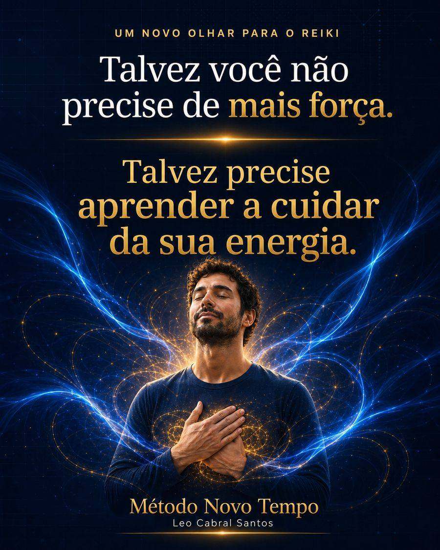 Homem em presença cercado por energia azul e dourada com a mensagem sobre aprender a cuidar da própria energia