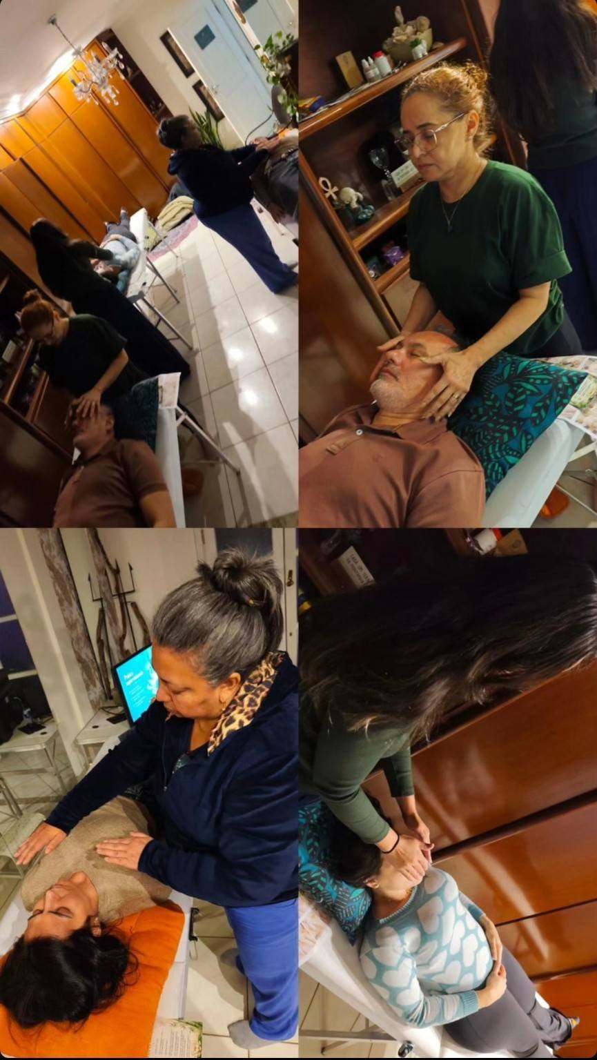 Mosaico de quatro aplicações práticas de Reiki realizadas em turma