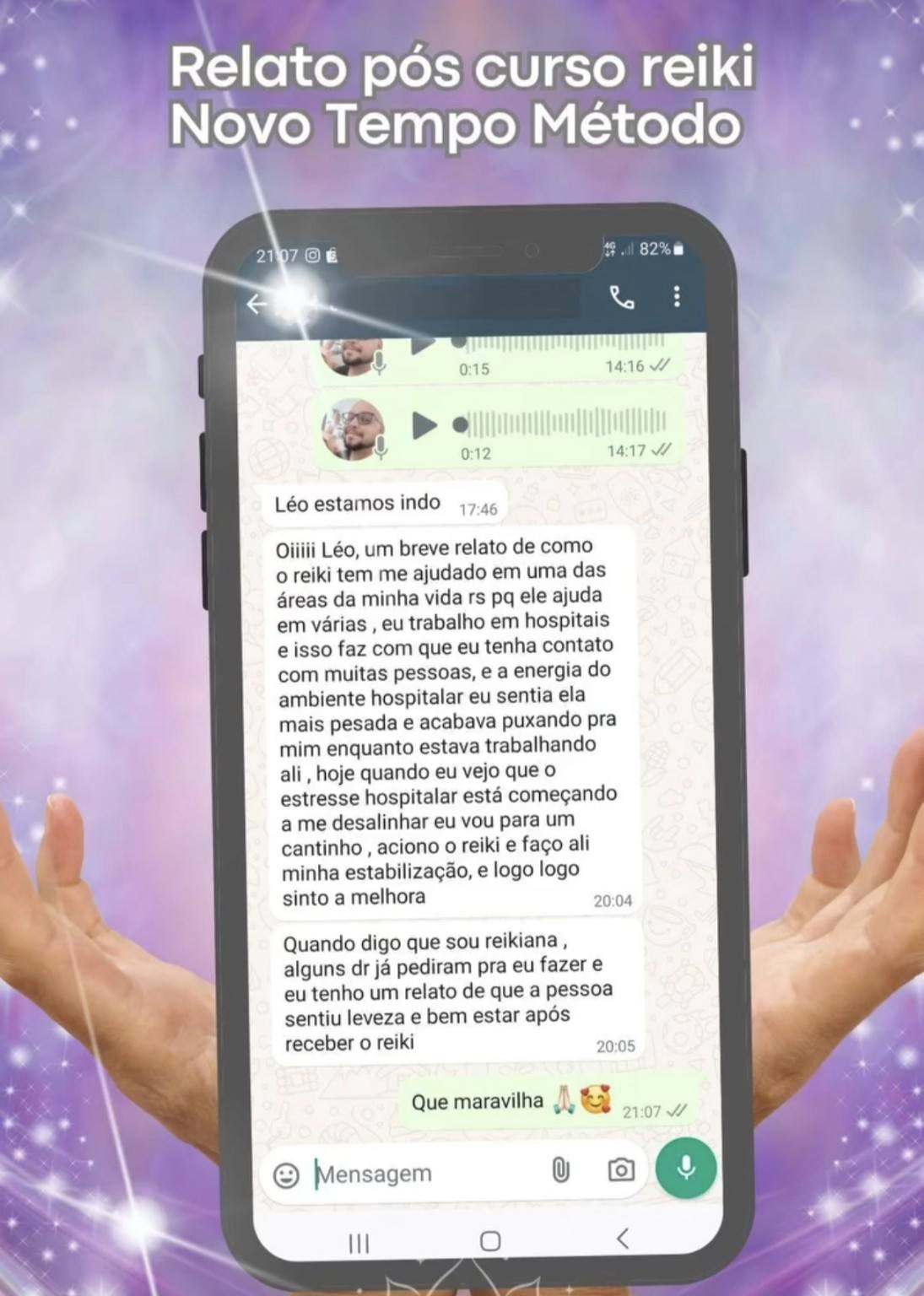 Print de relato real de aluna sobre o uso do Reiki no ambiente de trabalho