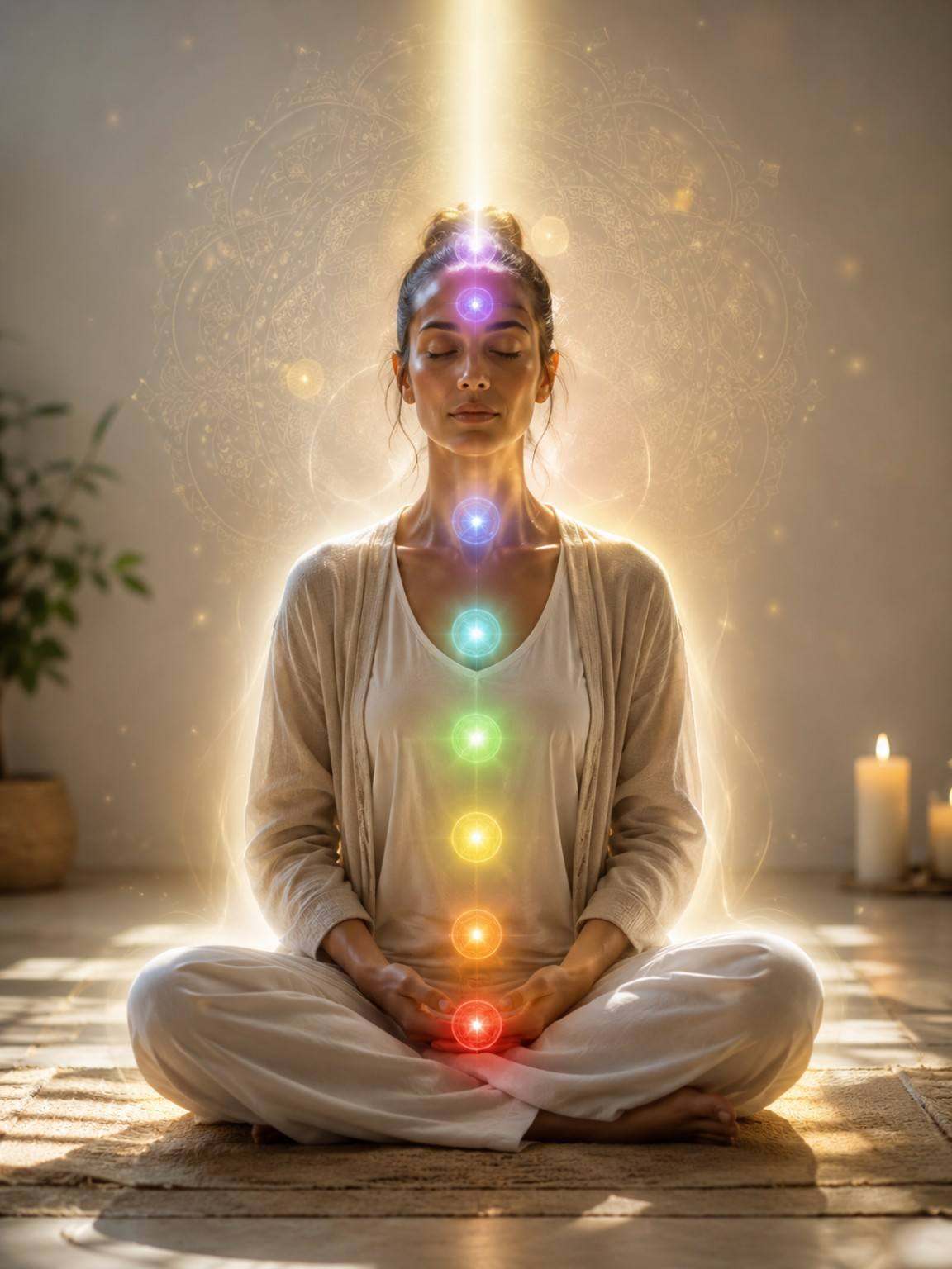 Mulher em presença com centros energéticos representados por luz