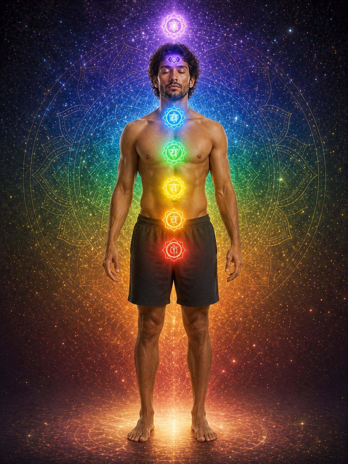 Homem com representação tecnológica e luminosa dos centros energéticos