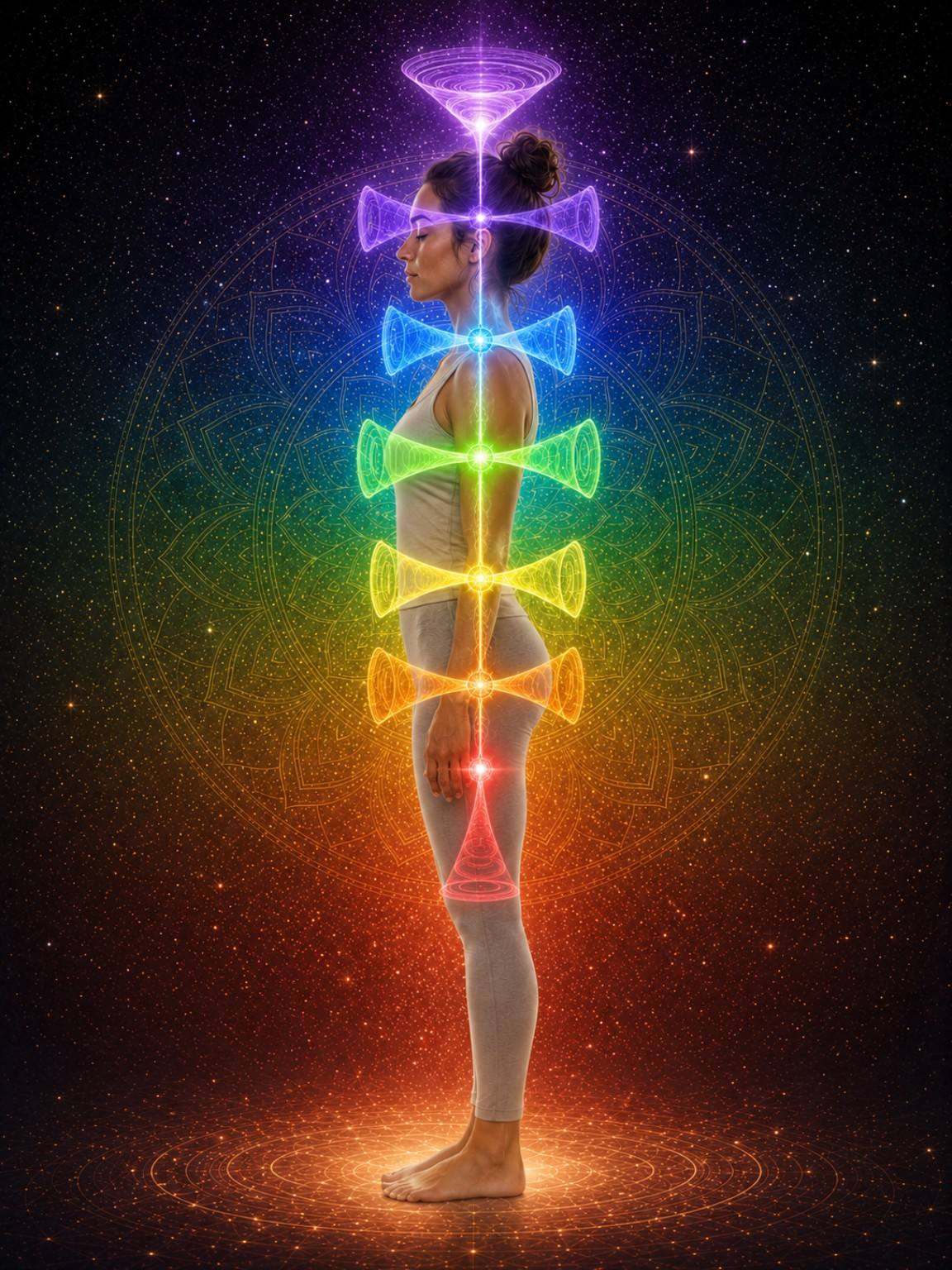 Mulher de perfil com centros energéticos luminosos em fundo tecnológico