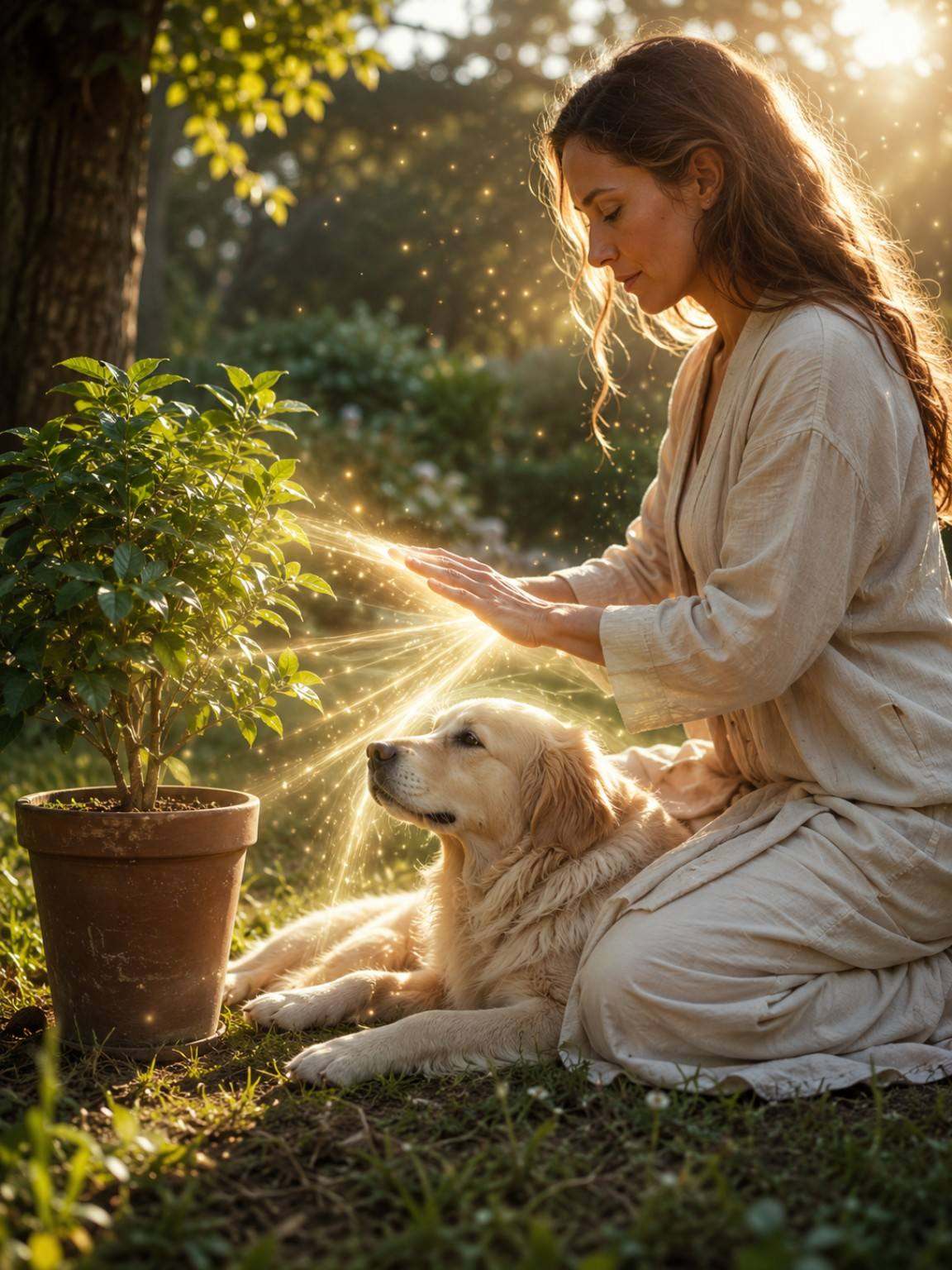 Mulher aplicando Reiki junto a uma planta e um cachorro