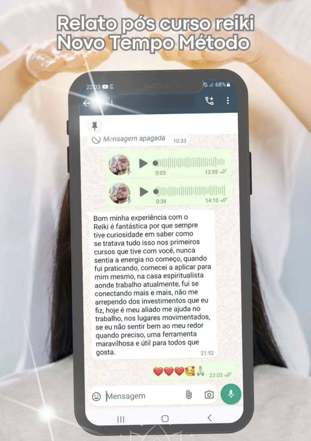 Print de relato real de aluno sobre a prática de Reiki após a formação