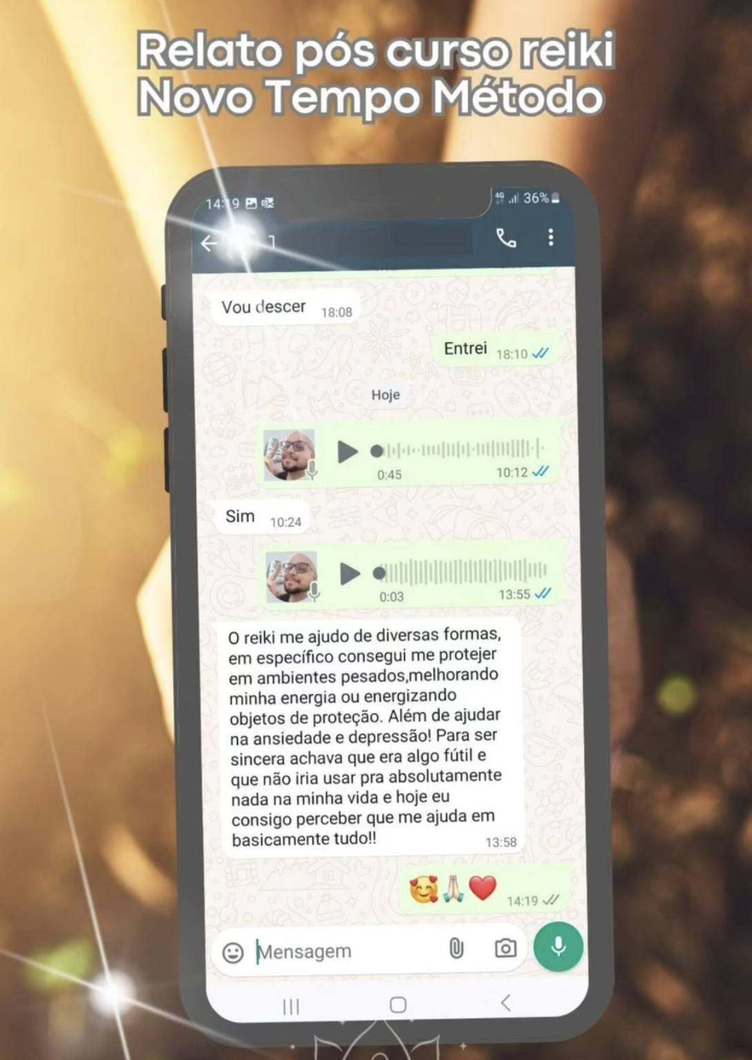 Print de relato real de aluno sobre o uso do Reiki na vida cotidiana